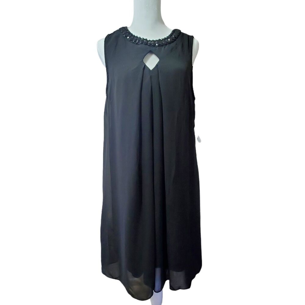Studio One Black Sleeveless Swing Dress Sz 12 Beaded Neckline Keyhole Party NWT